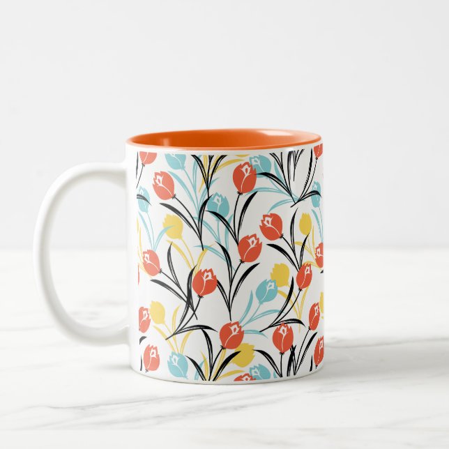 Vibranntes Tulip Muster Blumendesign auf Weiß Zweifarbige Tasse (Links)