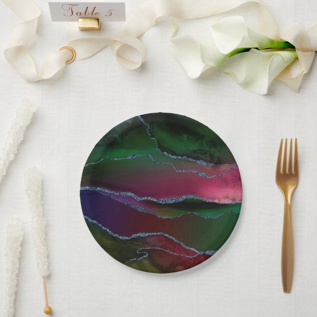 Vibrant Agate | Rich Pink und grüner Jewel Tone Pappteller (Hochzeit)