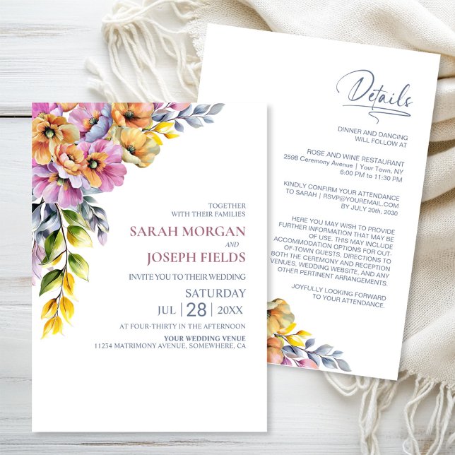Vibrant All in One Pink and Orange Floral Wedding  Einladung (Von Creator hochgeladen)