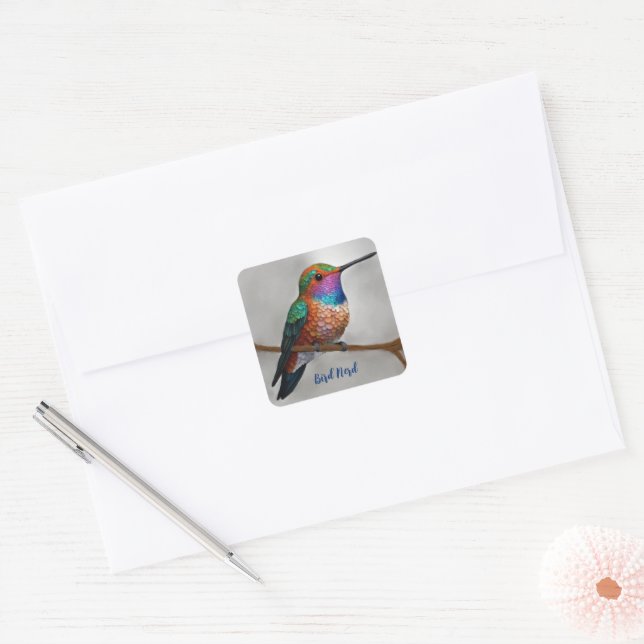 Vibrant Allen's Hummingbird-Malerei Quadratischer Aufkleber (Umschlag)