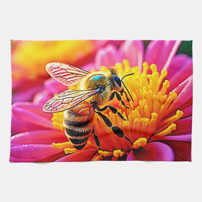 Vibrant Bee on Bloom Design Geschirrtuch (Horizontal)