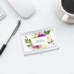 Vibrant Bloom | Personalized Watercolor Floral Visitenkarten Etui<br><div class="desc">Elegant floral business card holder features a bouquet of watercolor painted peony and rose flowers in vibrant shades of violet purple,  blush pink and green. Your name and/or business name is displayed in the center in modern lettering on a white rectangular element.</div>