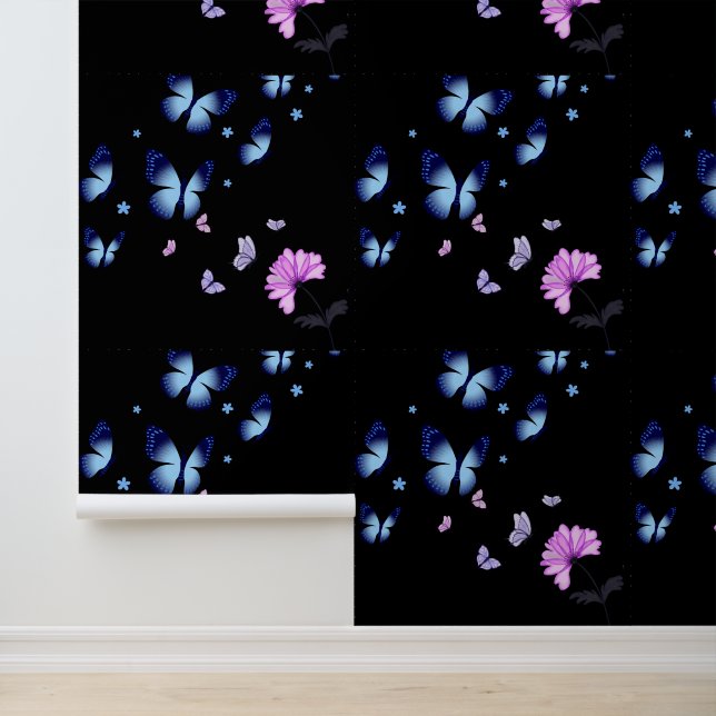 Vibrant Blue Butterfly Midnight Textured Vinyl Tapete (Anwendung)