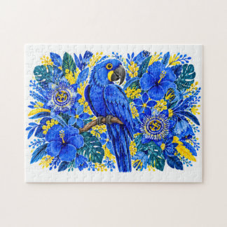 Vibrant Blue Macaw Tropical Floral Watercolor