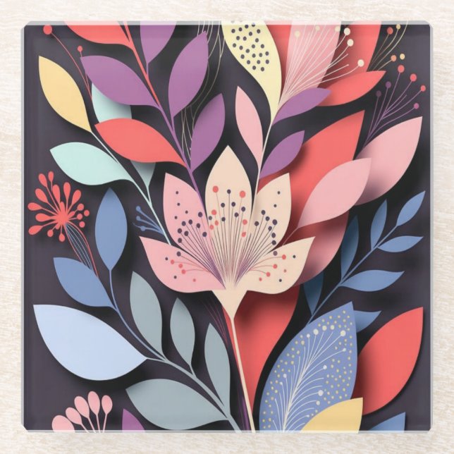 Vibrant Botanical Paper-Cut Bloom Glasuntersetzer (Vorderseite)