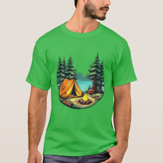 Vibrant Cartoon Camping Scene Withent FireTrees vi T-Shirt