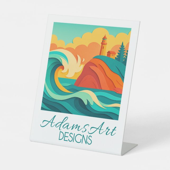 Vibrant Coastal Lighthouse Wave Papercut Art Sockelschild (Vorderseite)