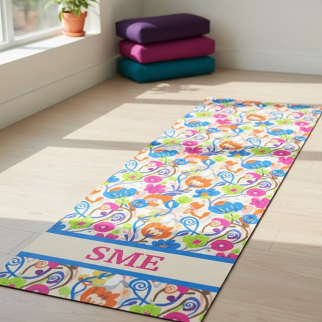 Vibrant Colorful Floral Monogram Yogamatte (Bright whimsical floral monogram yoga mat)