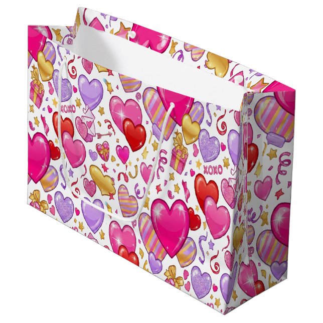 Vibrant Confetti Hearts  Große Geschenktüte (Vorderseite Schrägansicht)