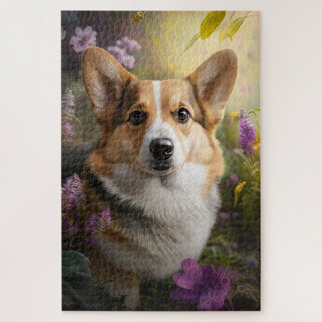 Vibrant Corgi: Künstlerische Gartenfotografie (Vertikal)