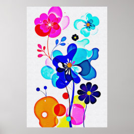 Vibrant Cyan Magenta Abstract Fluid Flowers Poster