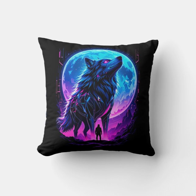 Vibrant Cyberpunk Neon Wolf Kissen (Vorderseite)