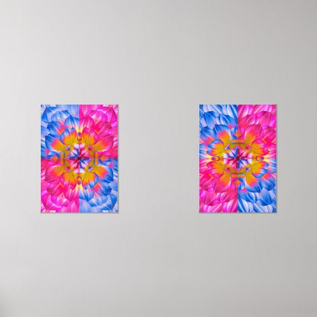 Vibrant Dahlia Bloom-Pink, Blue & Yellow Abstract Bilderwand Sets (Vorderseite)