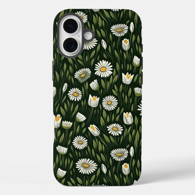 Vibrant Daisy Pattern with Lush Green Accents iPhone 16 Plus Hülle (Rückseite)