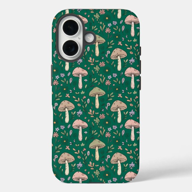 Vibrant Deep Emerald Fungi Seamless Pattern Luxury iPhone 16 Hülle (Rückseite)