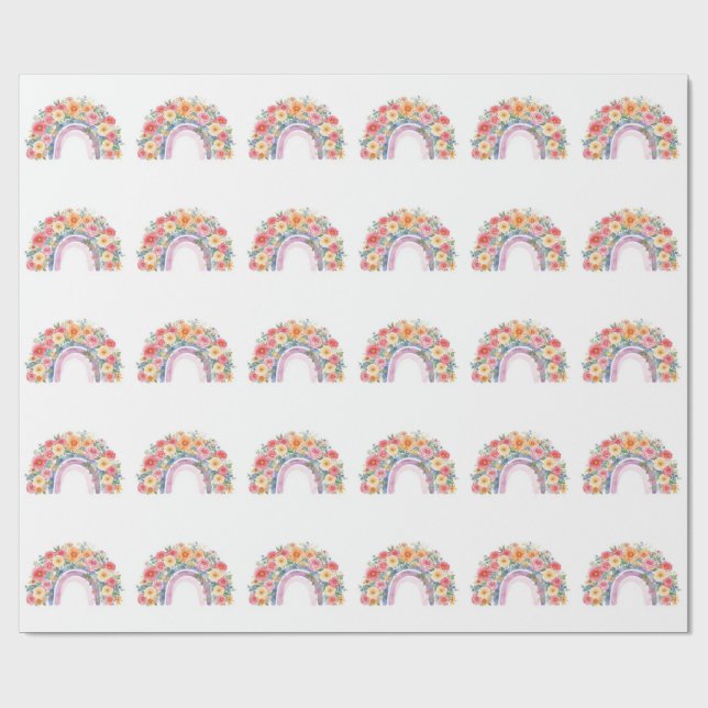 Vibrant Floral Rainbow Watercolor Birthday Geschenkpapier (Flach)