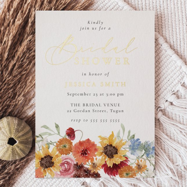 Vibrant Floral Watercolor Bridal Shower Gold Folieneinladung (Von Creator hochgeladen)