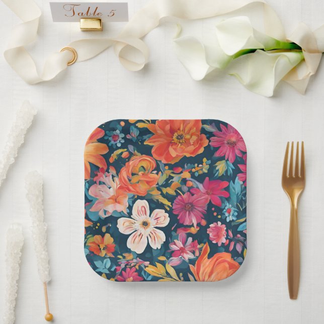 Vibrant florale Grafik Pappteller (Hochzeit)