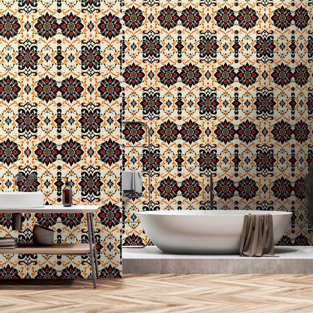Vibrant Folk Art Damask Wallpaper Tapete (Badezimmer)