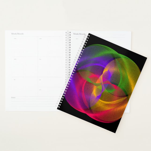 Vibrant Glossy Finish Geometric Spiral Planner (Devant avec enveloppe)
