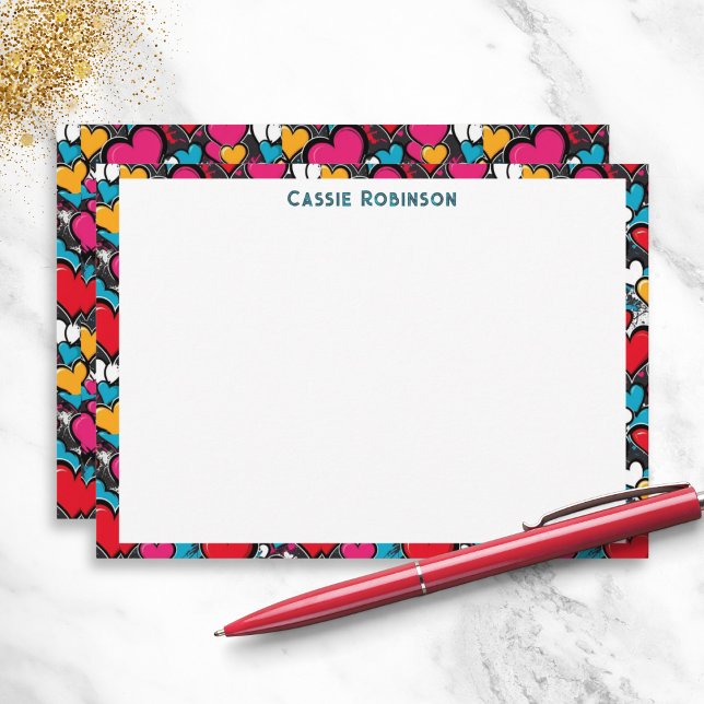 Vibrant Graffiti Hearts Colorful Personalized Mitteilungskarte (A personalized note card, with colorful graffiti hearts design in a modern street art inspired style)
