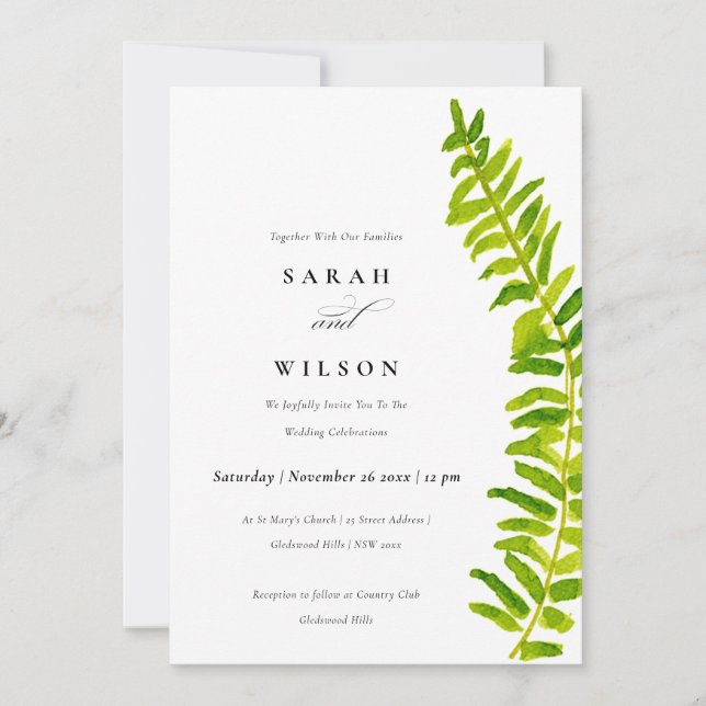 VIBRANT GREEN WATERCOLOR FERN FOLIAGE WEDD EINLADUNG (Vorderseite)
