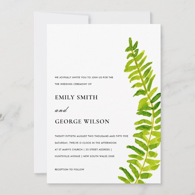 VIBRANT GREEN WATERCOLOR FERN FOLIAGE WEDD EINLADUNG (Vorderseite)