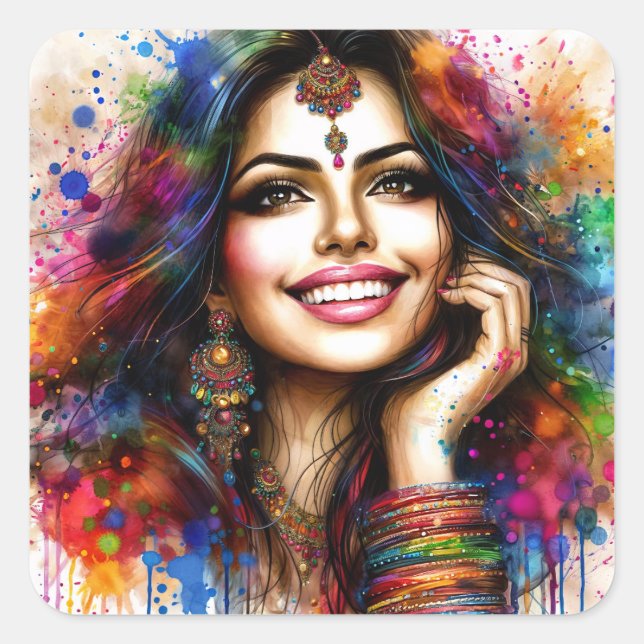 Vibrant Indian Beauty Festival Art Quadratischer Aufkleber (Vorderseite)