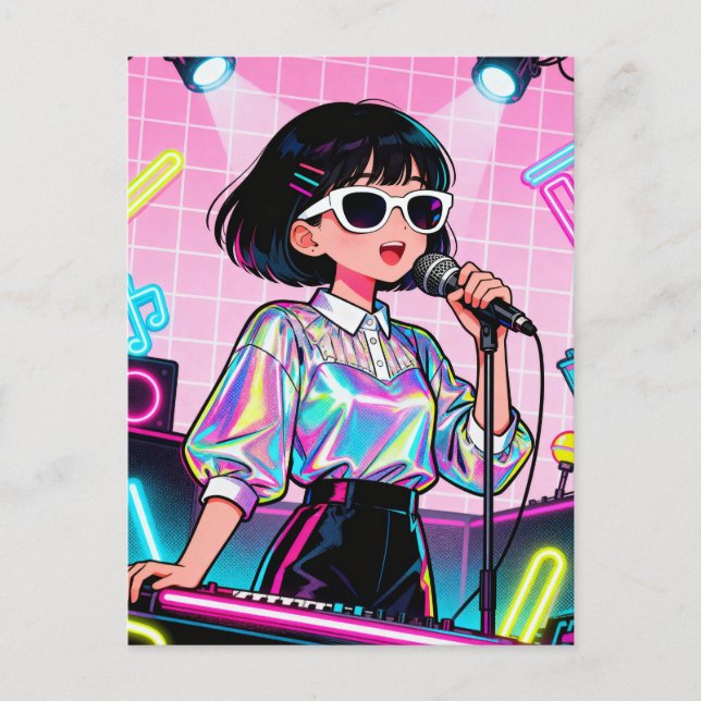 Vibrant Japanese Karaoke Pop Art Girl Postkarte (Vorderseite)