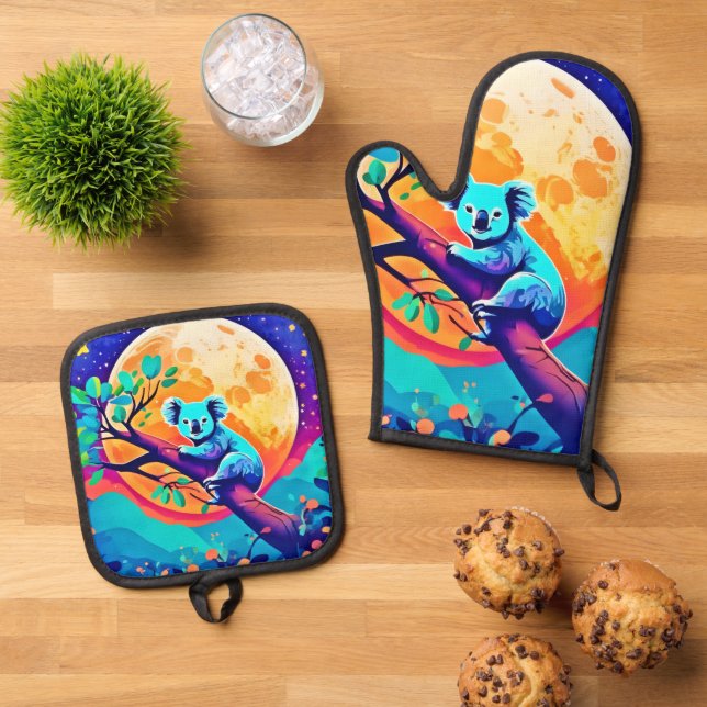 Vibrant Koala Moon Ofenhandschuh & Topflappen-Set (Oben Unten)
