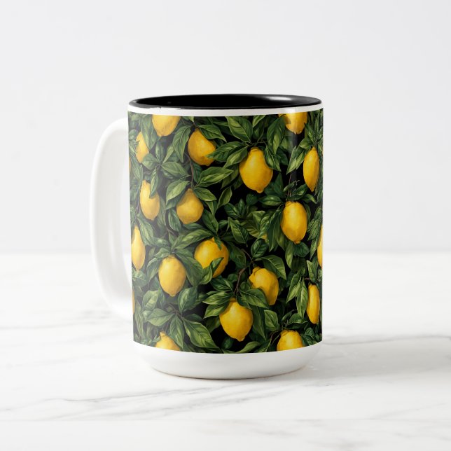 Vibrant Lemon Citrus Tree Pattern Zweifarbige Tasse (Vorderseite Links)