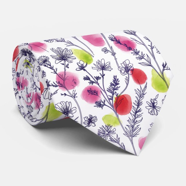 Vibrant Line Art Botanical and Watercolor Pop Krawatte (Gerollt)