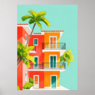 Vibrant Mediterranean buildings with palm trees Poster