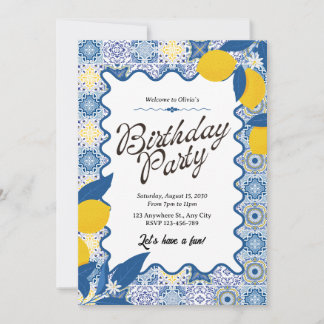 Vibrant Mediterranean Lemon & Blue Birthday Einladung