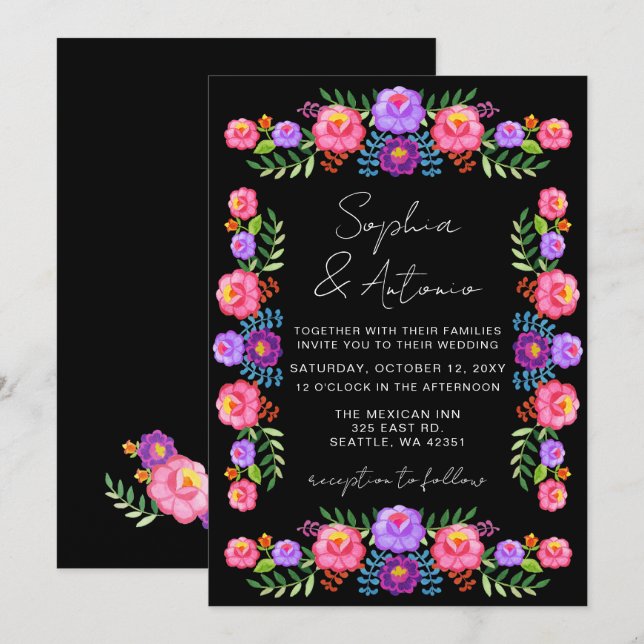 Vibrant Mexican Floral Fiesta Wedding Einladung (Vorne/Hinten)