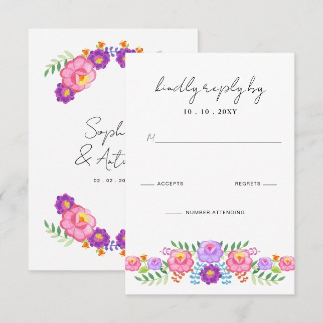 Vibrant Mexican Floral Fiesta Wedding RSVP Karte (Vorne/Hinten)