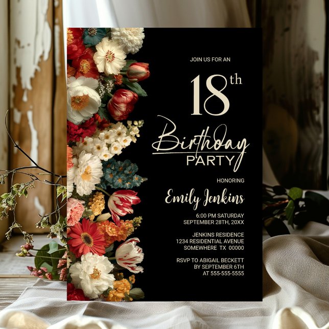 Vibrant Moody Floral Black 18th Birthday Party Einladung (Von Creator hochgeladen)