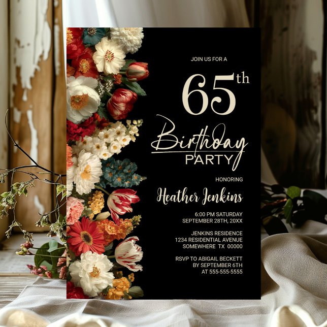 Vibrant Moody Floral Black 65th Birthday Party Einladung (Von Creator hochgeladen)