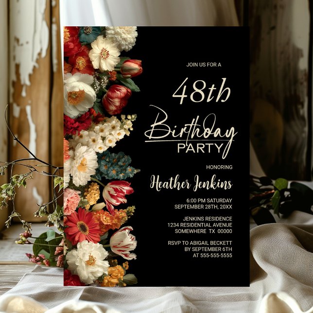 Vibrant Moody Floral Black Any Age Birthday Party Einladung (Von Creator hochgeladen)