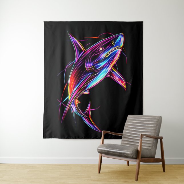 Vibrant Neon Shark Modern Digital Ocean Wandteppich (Beispiel)