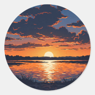 Vibrant Orange Lake Sunset View Runder Aufkleber