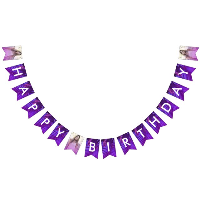 Vibrant Palm Leaf Purple Photo Happy Birthday Flag Wimpelkette (Alle)