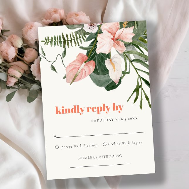 Vibrant Peach Blush Boho Tropical Floral Wedding RSVP Karte (Von Creator hochgeladen)