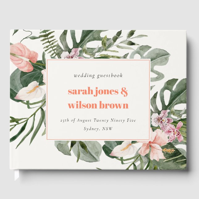 Vibrant Peach Blush Tropical Floral Wedding Gästebuch (Vorderseite)