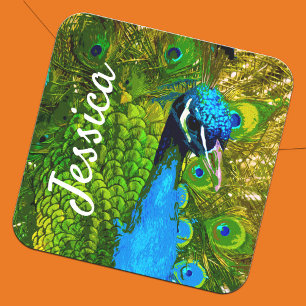 Vibrant Peacock + Name Bright Blue Green Feathers Quadratischer Aufkleber