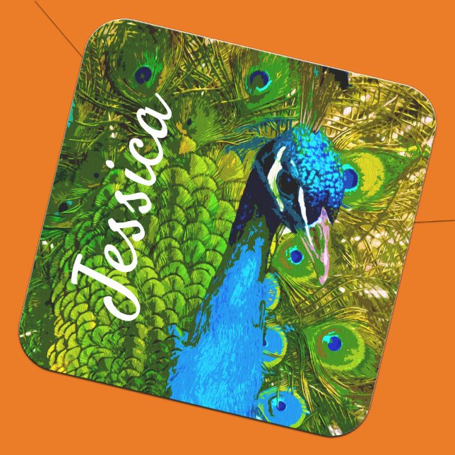 Vibrant Peacock + Name Bright Blue Green Feathers Quadratischer Aufkleber (Bright Peacock bird exotic animal personalized sticker)
