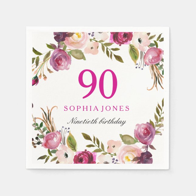 Vibrant Pink Botanical Floral 90th BirthdayParty Serviette (Vorderseite)