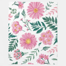 Vibrant Pink Floral Pattern with Lush Greenery Fleecedecke