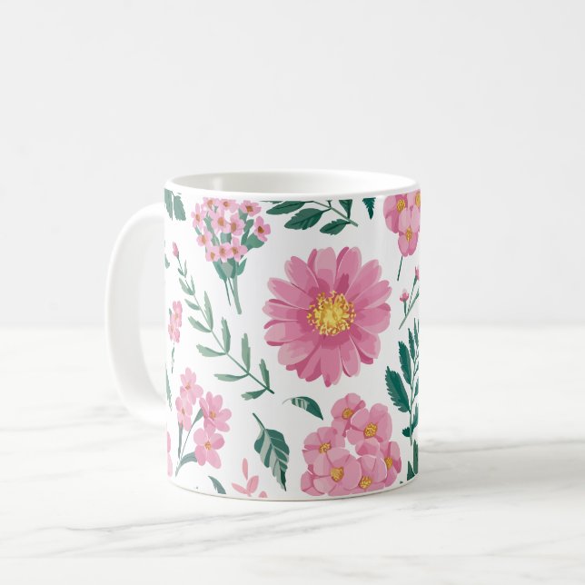 Vibrant Pink Floral Pattern with Lush Greenery Kaffeetasse (Vorderseite Links)