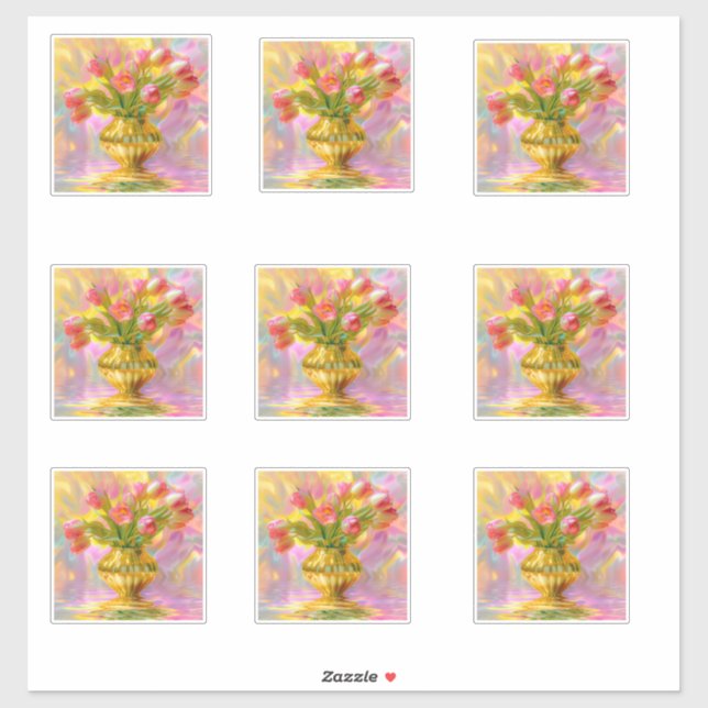Vibrant Pink Tulips in Golden Vase Aufkleber (Blatt)